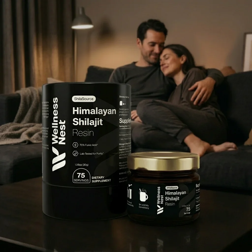Wellness Nest ShilaSource Himalayan Shilajit Resin product with couple