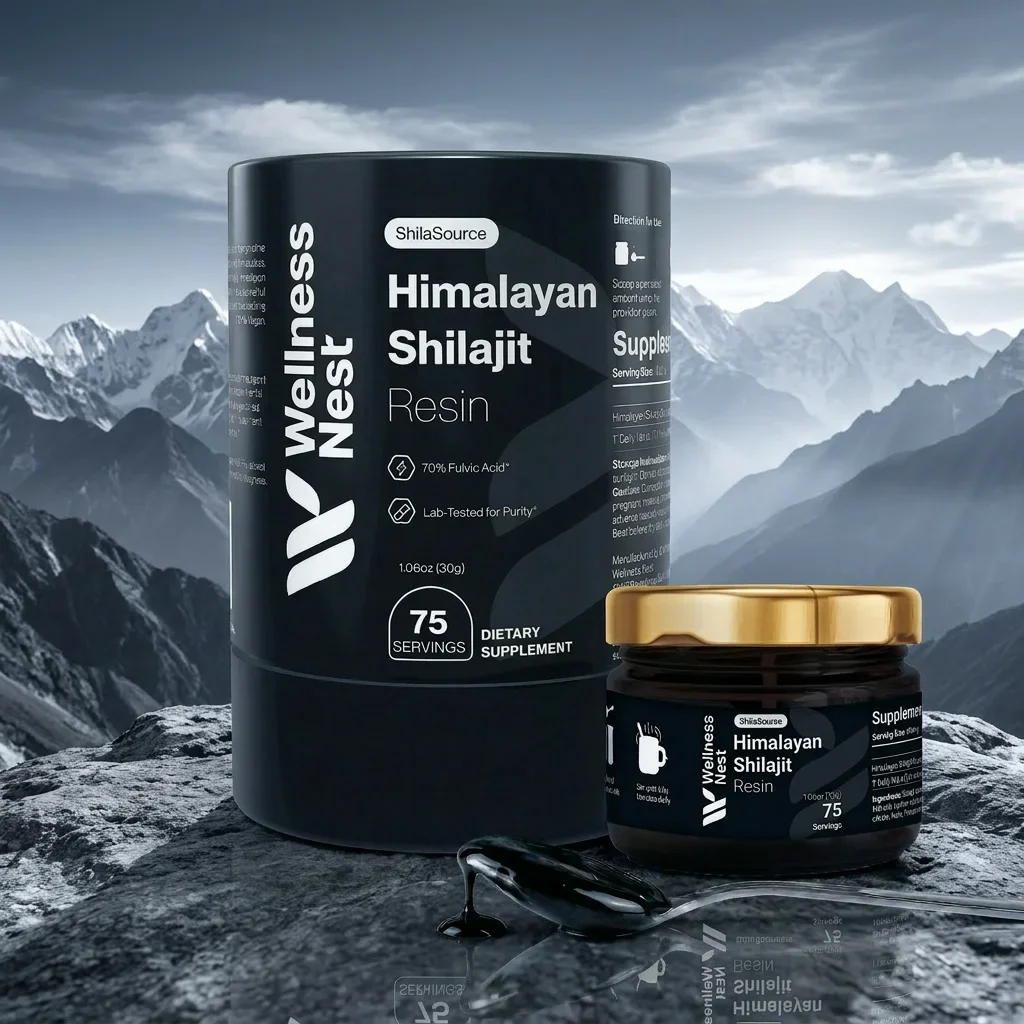 Wellness Nest ShilaSource Himalayan Shilajit Resin against Himalayan mountains